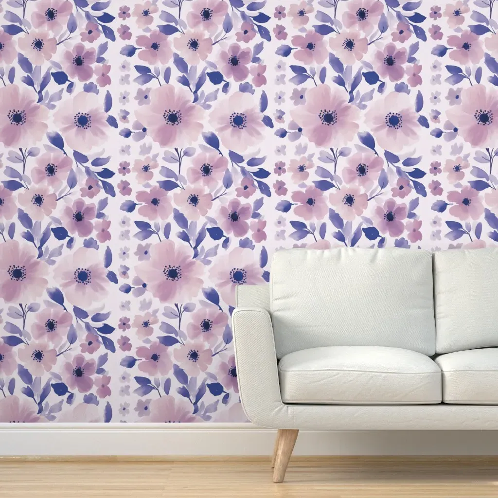 Anemone Boho Floral Watercolor Stripe Peel and Stick Wallpaper - Lavender product