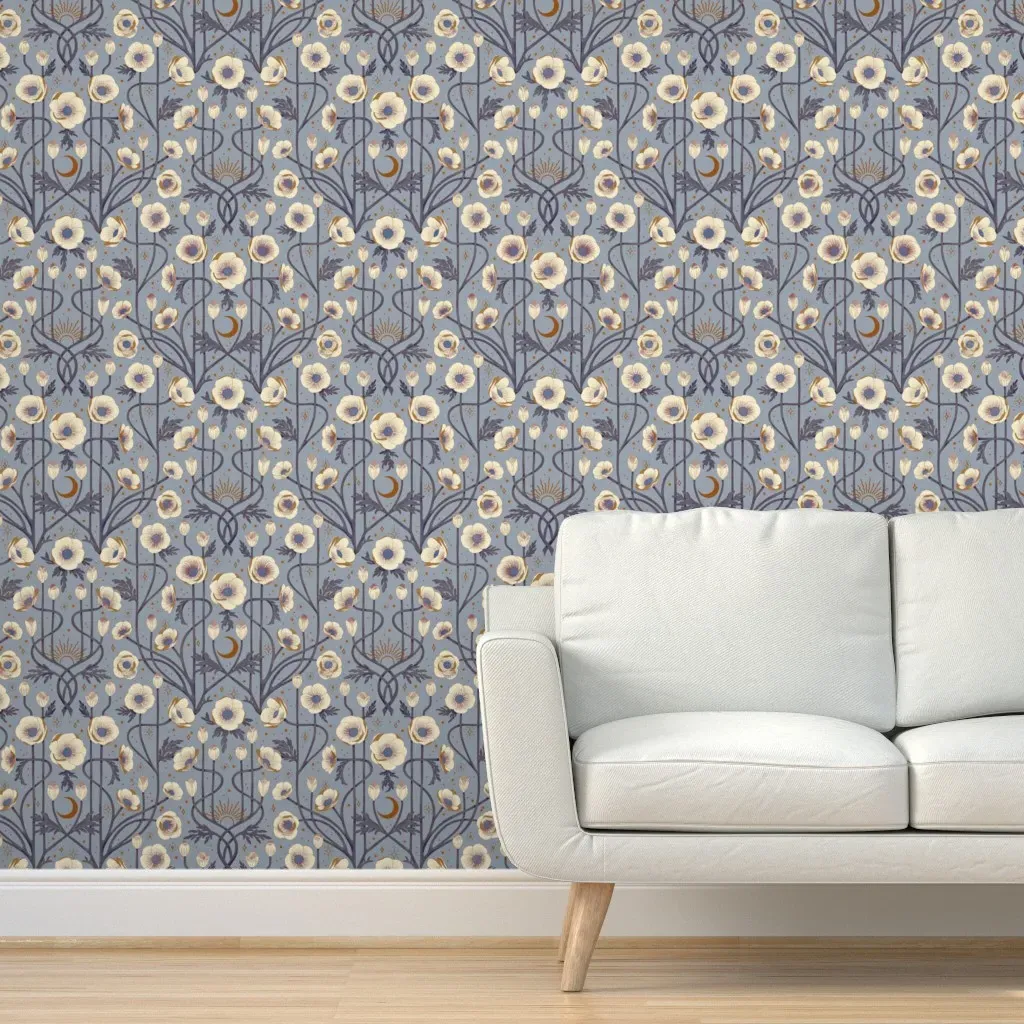 Anemone Flowers Art Nouveau Peel and Stick Wallpaper - Twilight Blue product