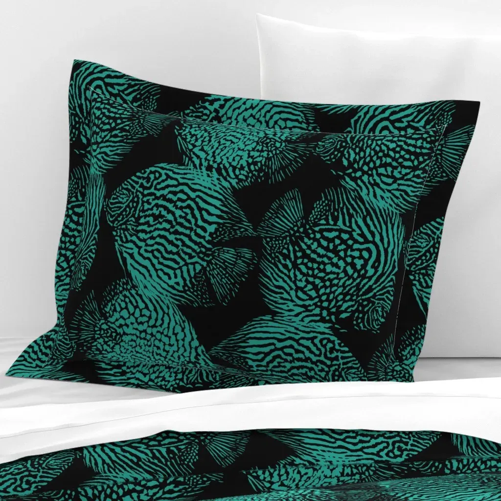 Animal Print Discus Fish Standard Flanged Cushion - Teal, Cotton Sateen product