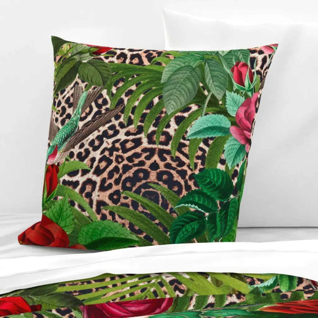 Animal Print Leopard Roses Tropical Birds Euro Pillow Sham - Red product