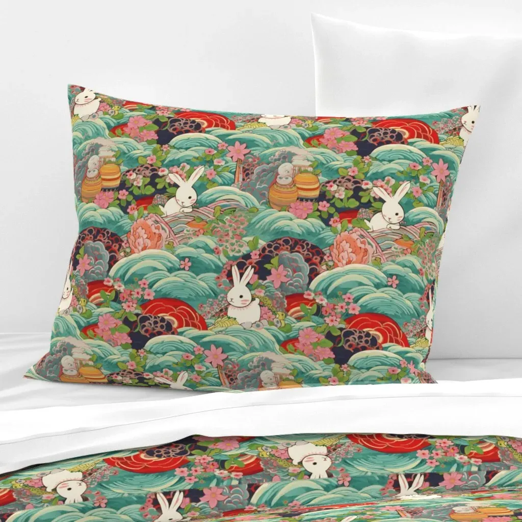 Anime White Rabbit Standard Knife Edge Cushion Cover - Teal, Cotton Sateen product