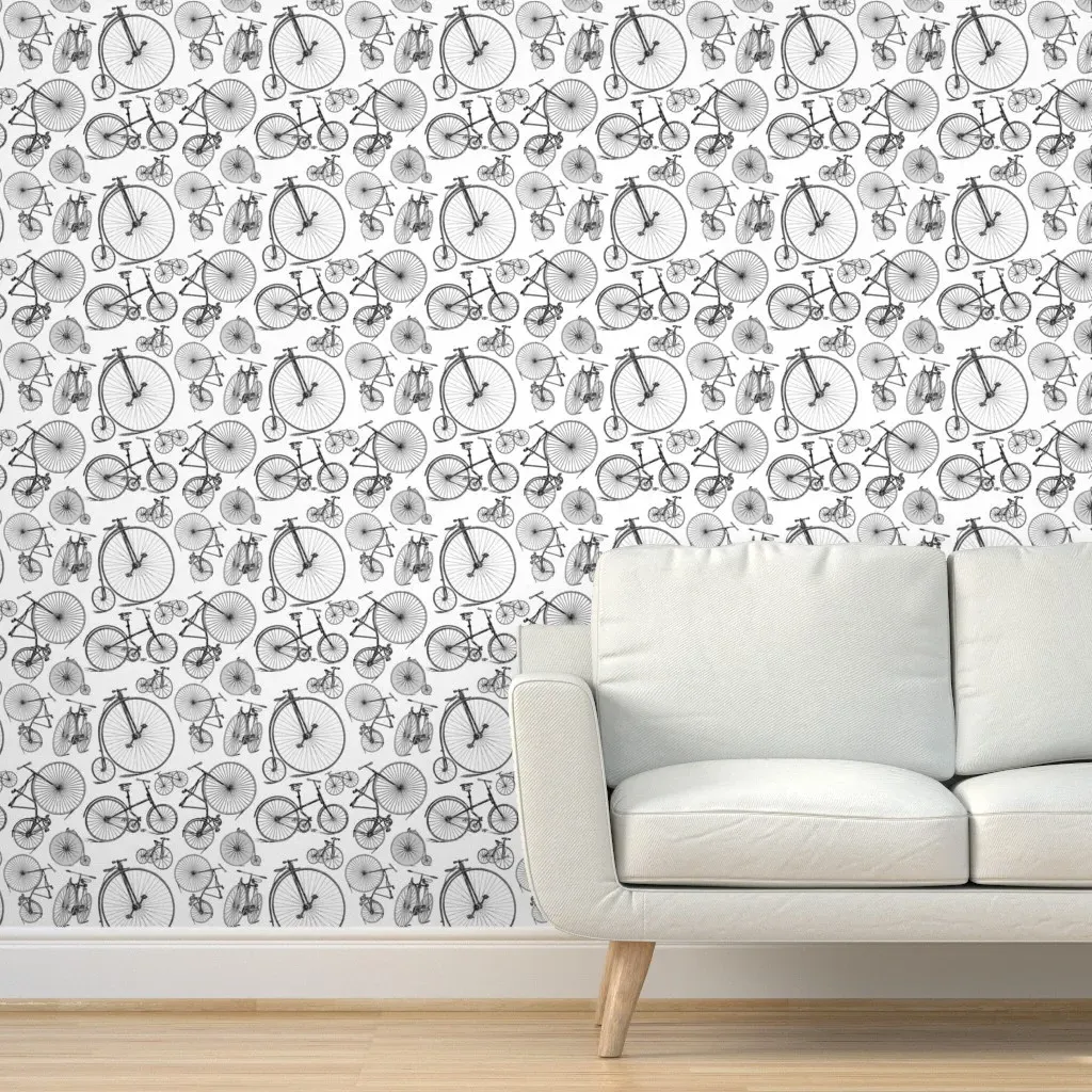 Antique Bikes & Bicycles Peel and Stick Wallpaper - Black, White product