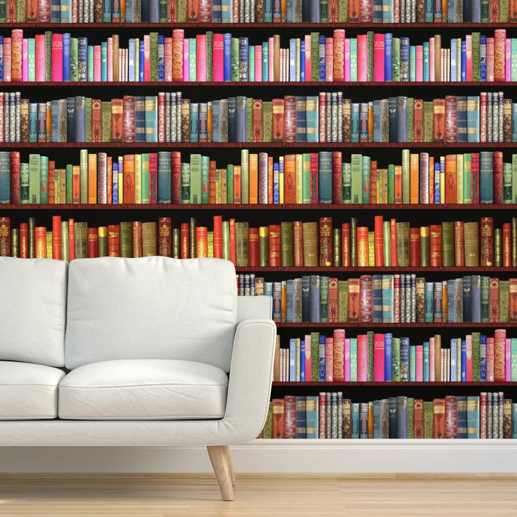 Antique Books Retro Bookshelf Peel and Stick Wallpaper - Burgundy product