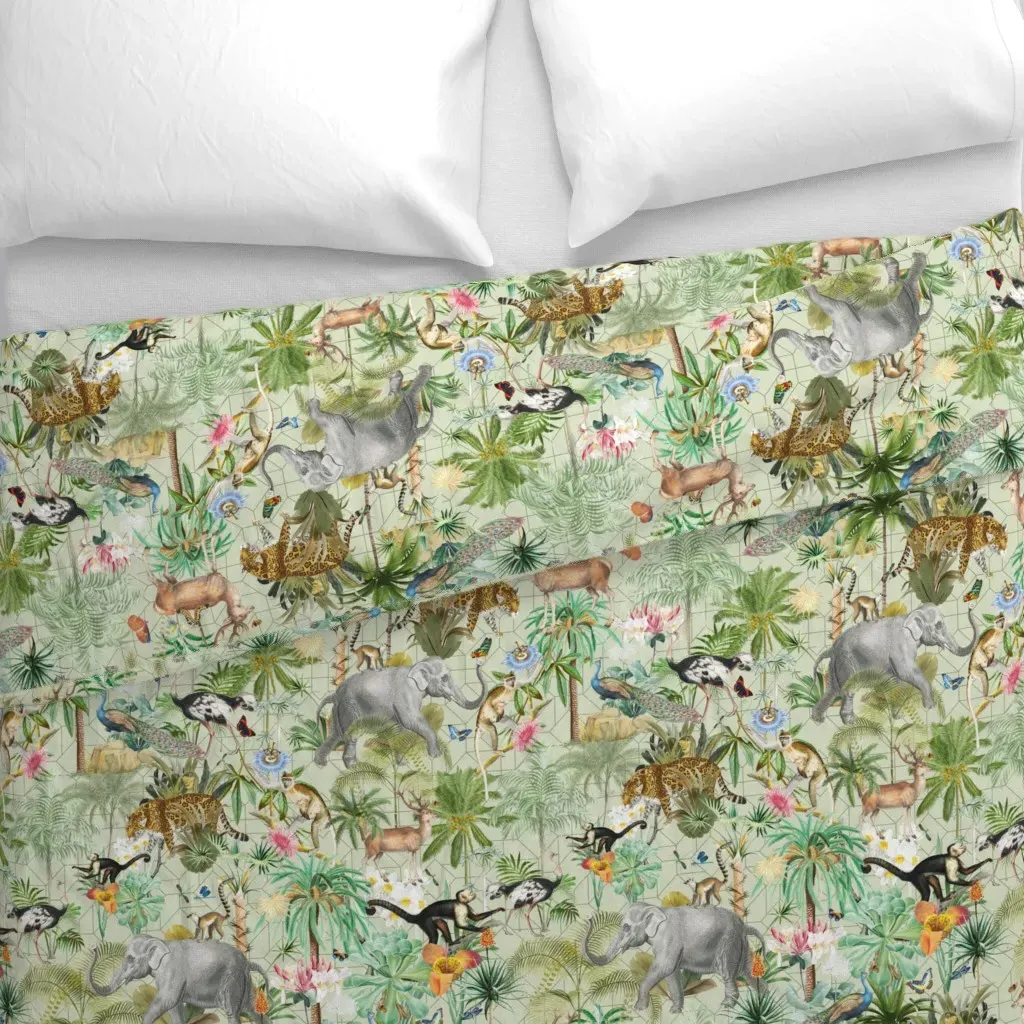 Antique Fun Animals Wild Park Duvet Cover - Sage Green alternate view