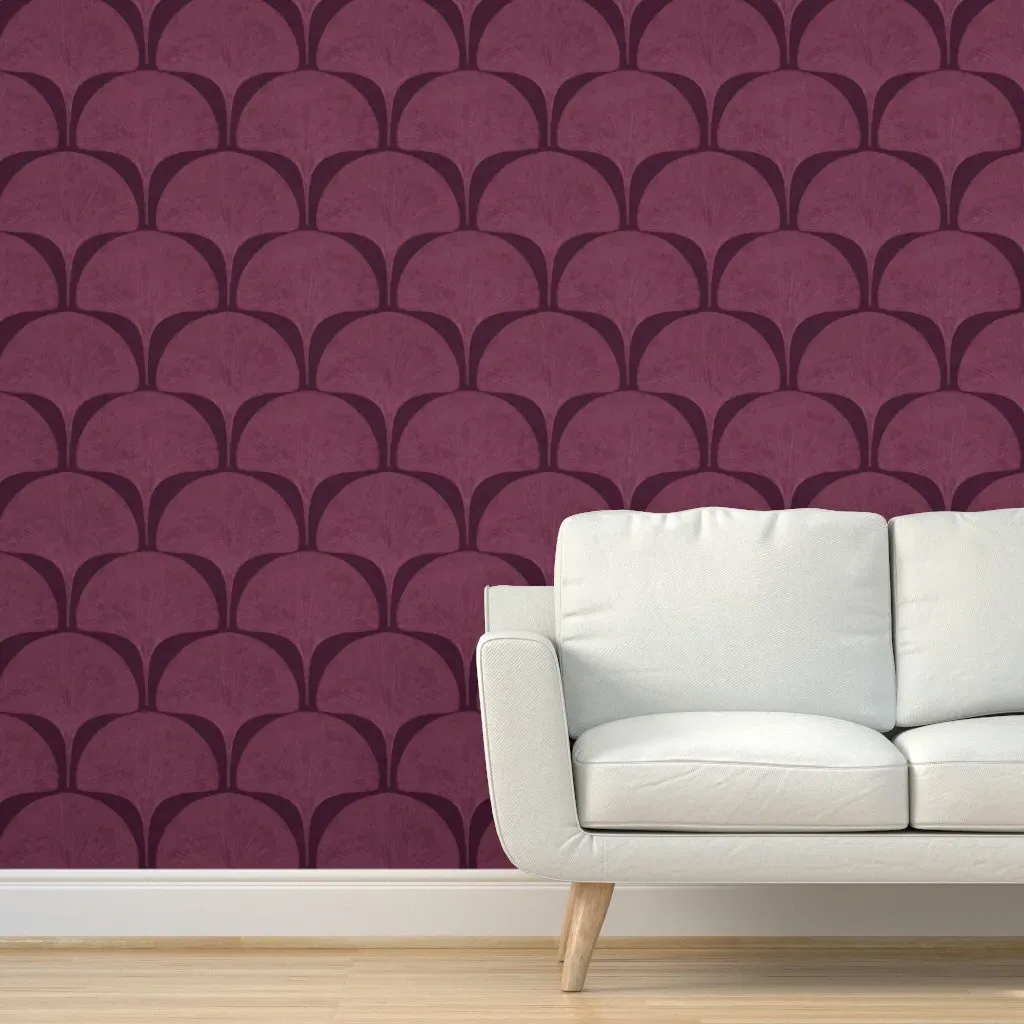 Antique Ginkgo Art Deco Scallop Peel and Stick Wallpaper - Burgundy product