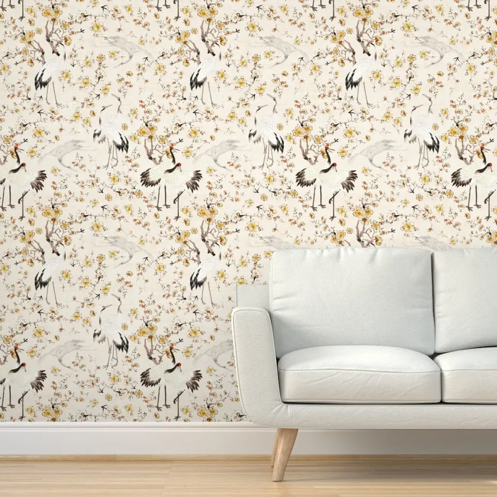 Antique Japanese Cranes & Floral Peel and Stick Wallpaper - Beige product
