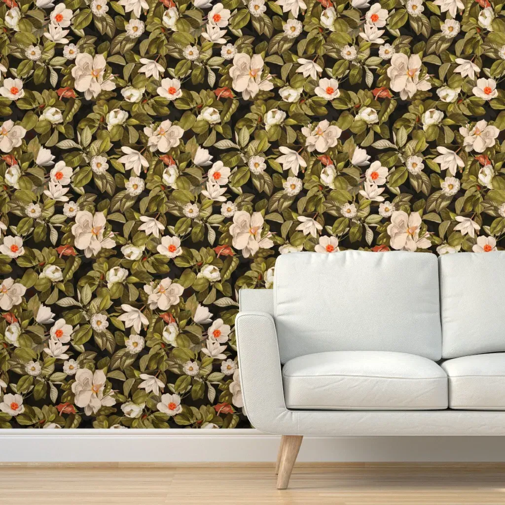 Antique Magnolia Flowers Garden Peel and Stick Wallpaper - Off-White product