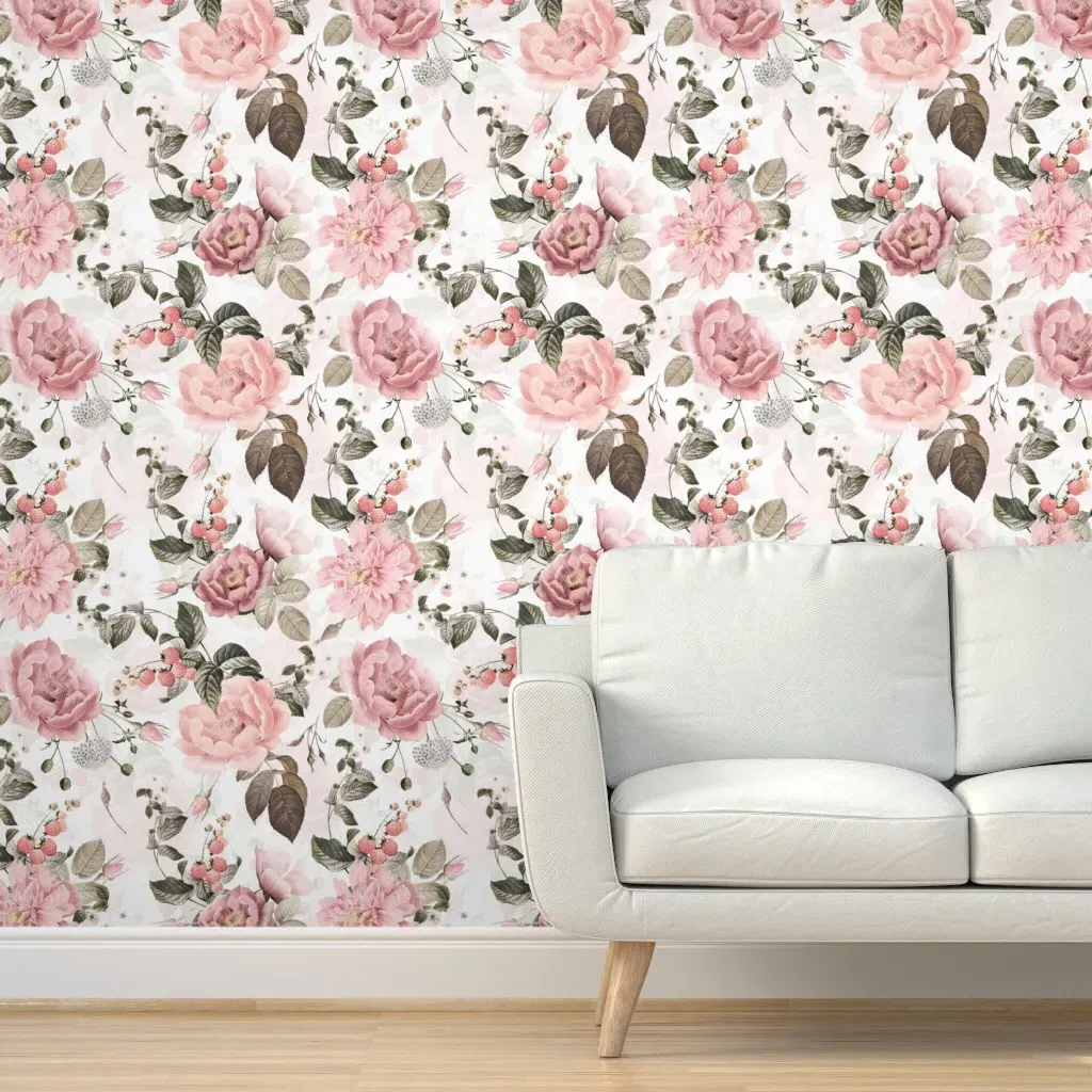 Antique Roses Raspberries Wild Flowers Peel and Stick Wallpaper - Blush Pink product