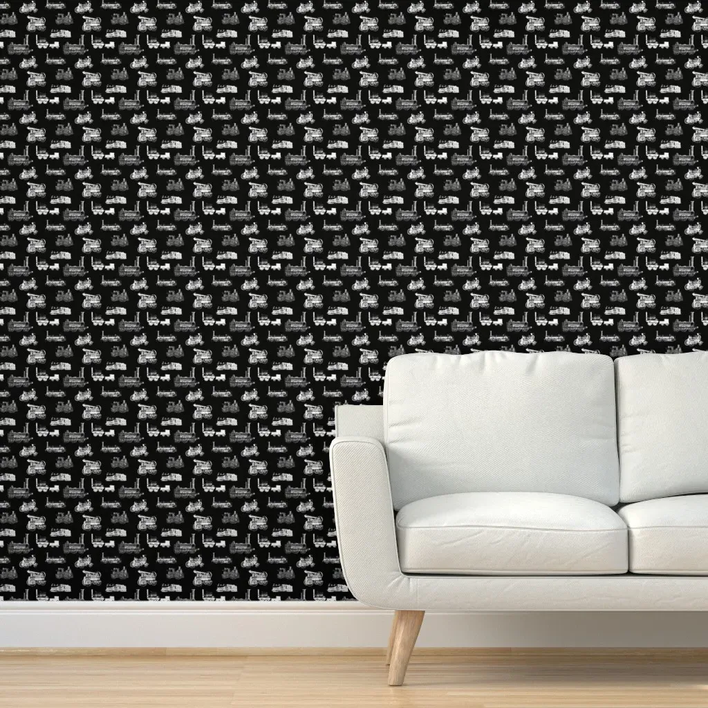 Antique Steam Engines Peel and Stick Wallpaper - Black, White product