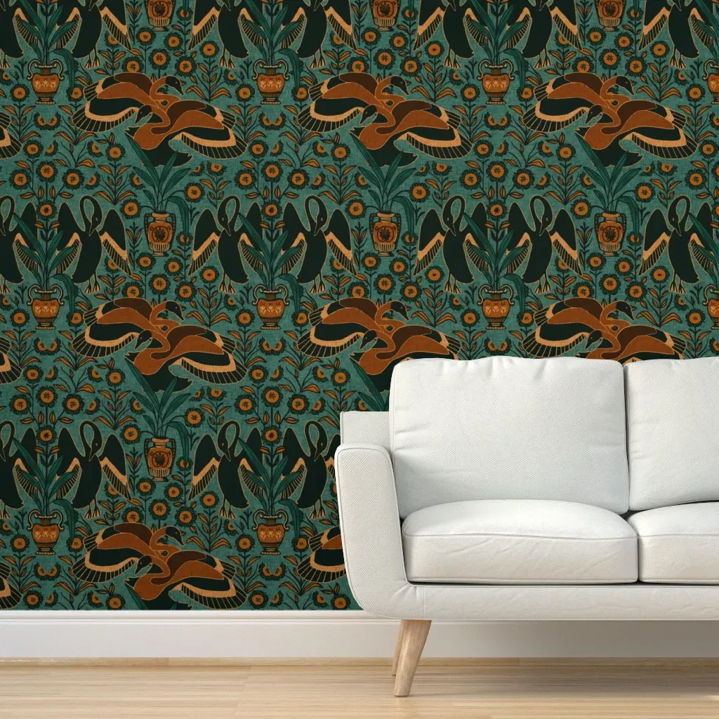 Antique Swans Bohemian Birds Peel and Stick Wallpaper - Teal product