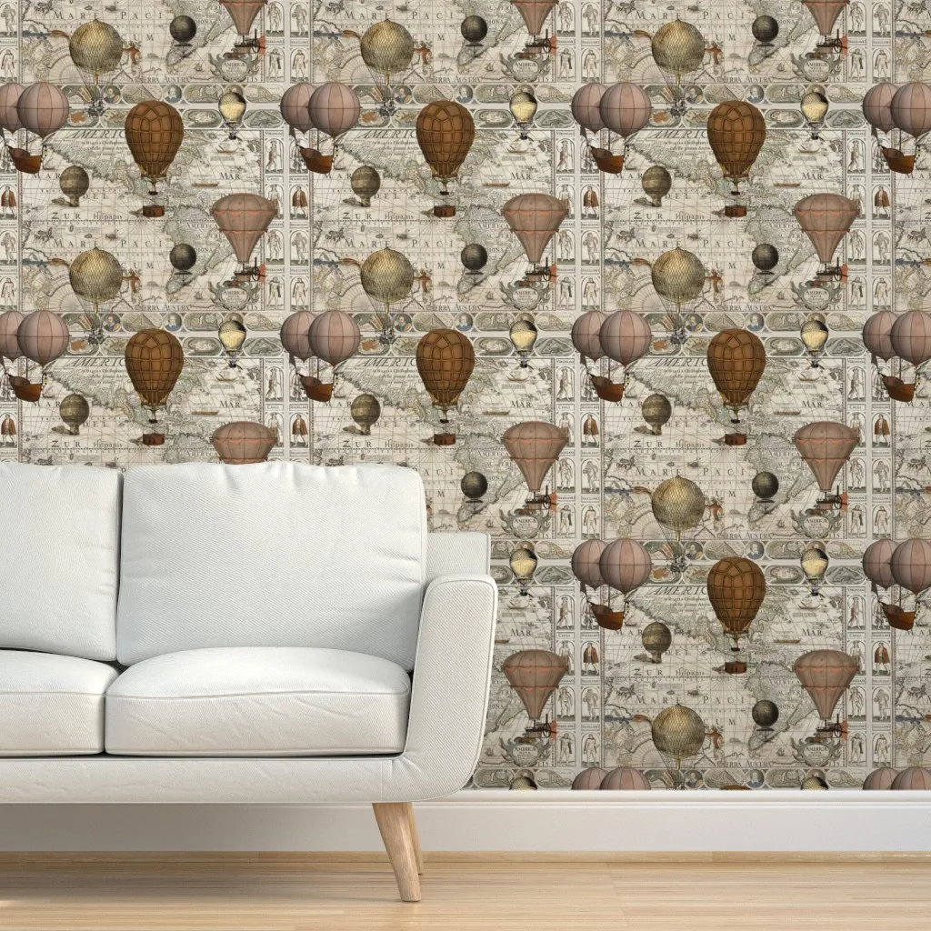 Antique World Map Steampunk Hot Air Balloon Peel and Stick Wallpaper - Beige product