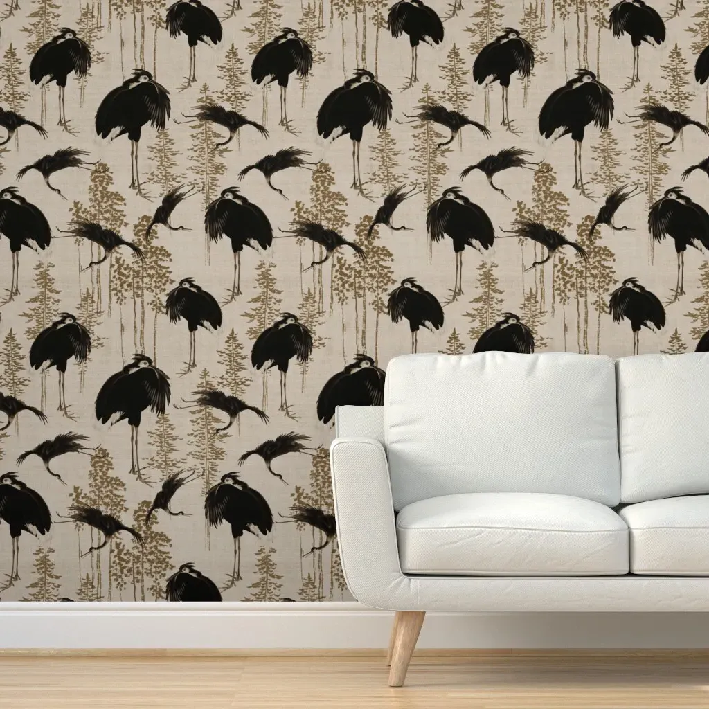 Antiqued Asian Cranes in Forest Peel and Stick Wallpaper - Black, Linen product