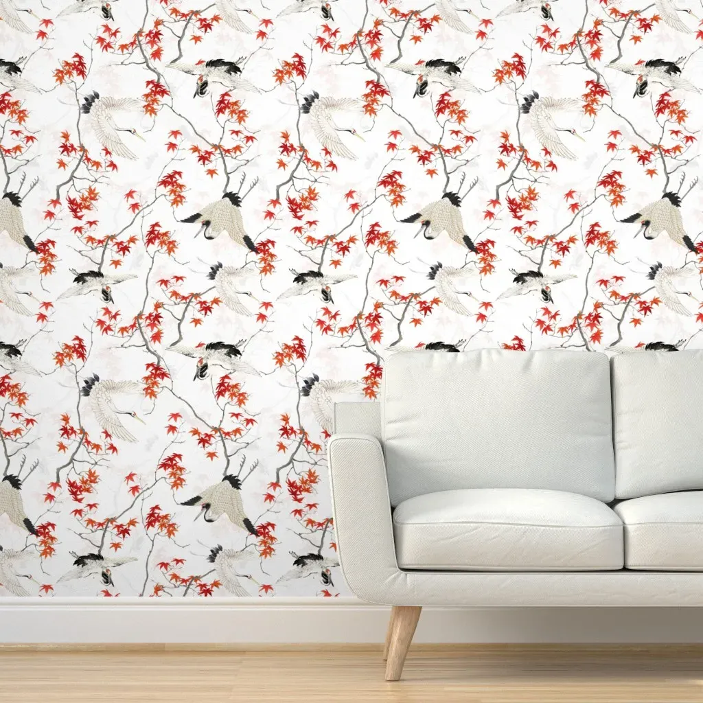 Antiqued Asian Flying Cranes Peel and Stick Wallpaper - White product
