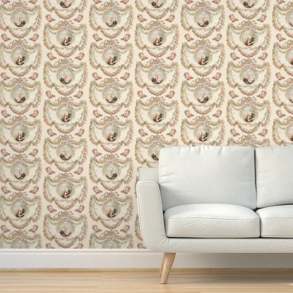 Antiqued Rococo Roses Bouquets Peel and Stick Wallpaper - Cream product