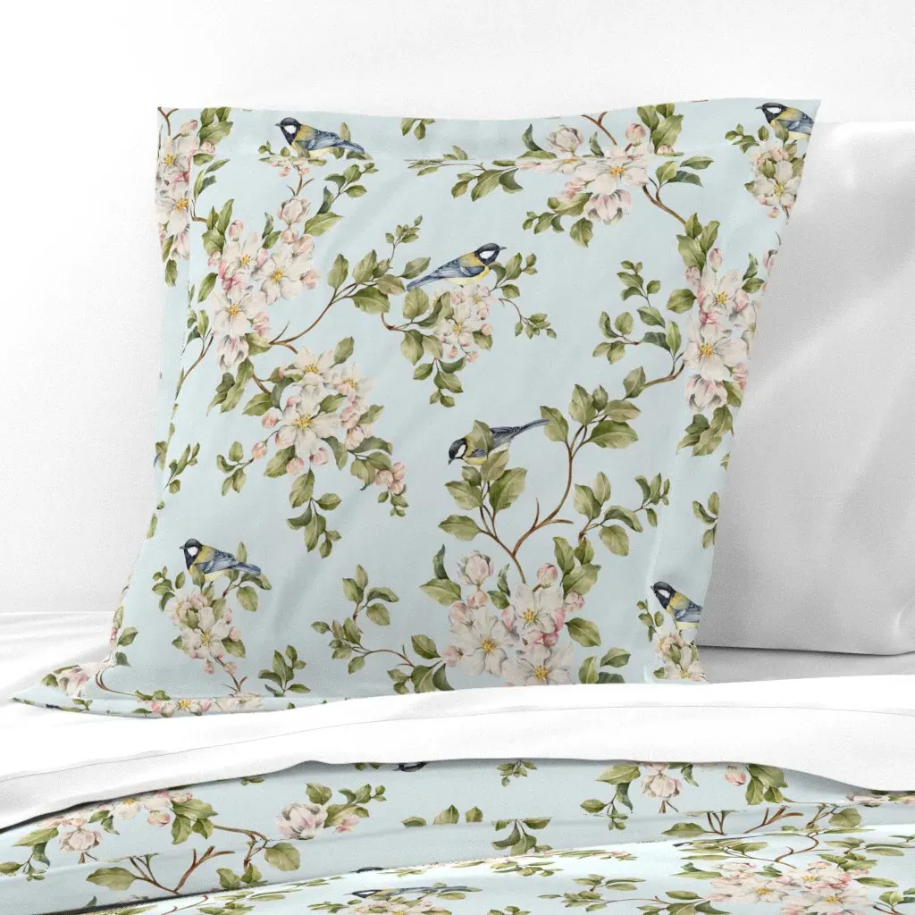 Apple Blossoms With Birds Euro Pillow Sham - White product
