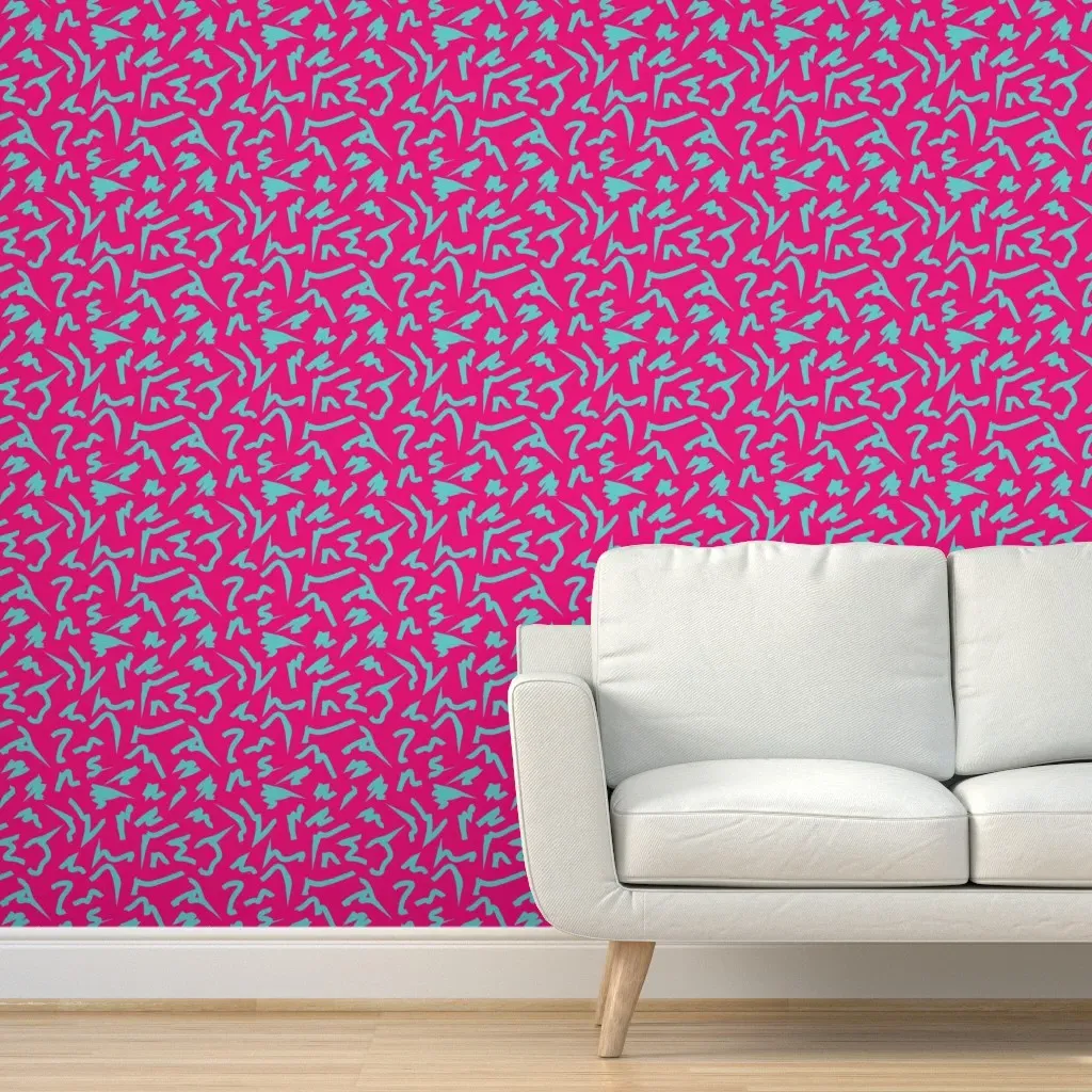 Aqua Blue Abstract Retro Scribbles Peel and Stick Wallpaper - Pink product