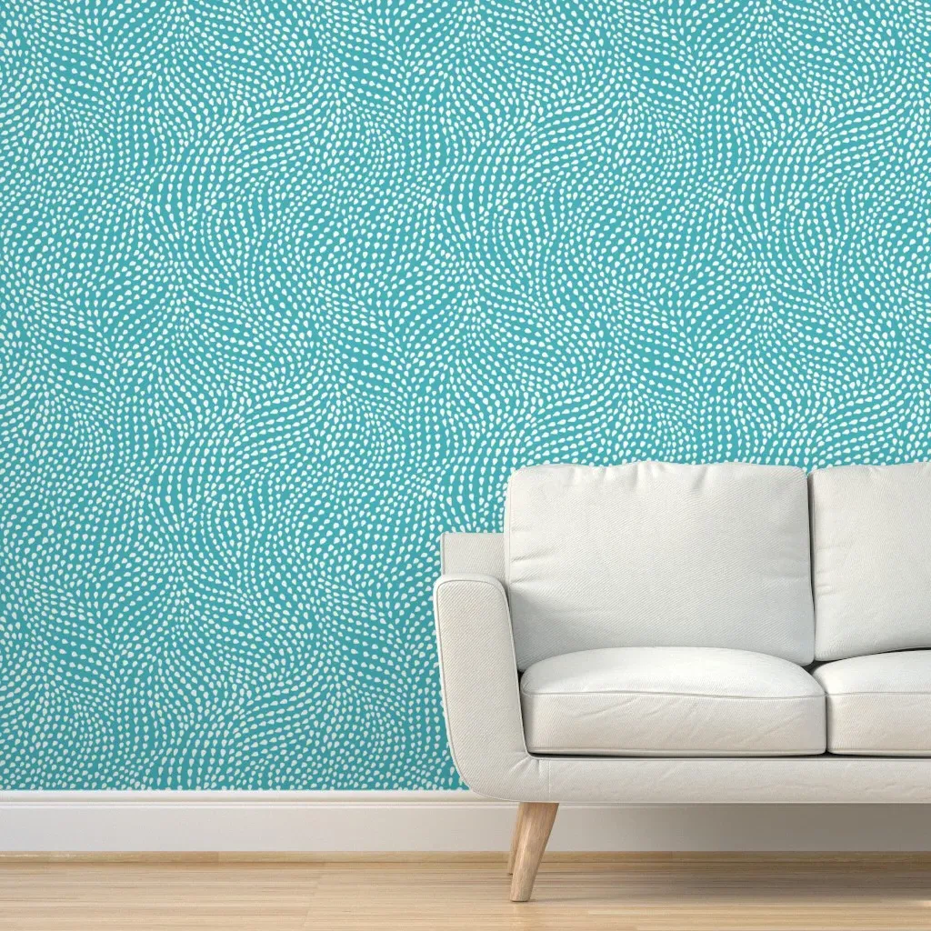 Aqua Blue Organic Dot Swirls Peel and Stick Wallpaper - White product