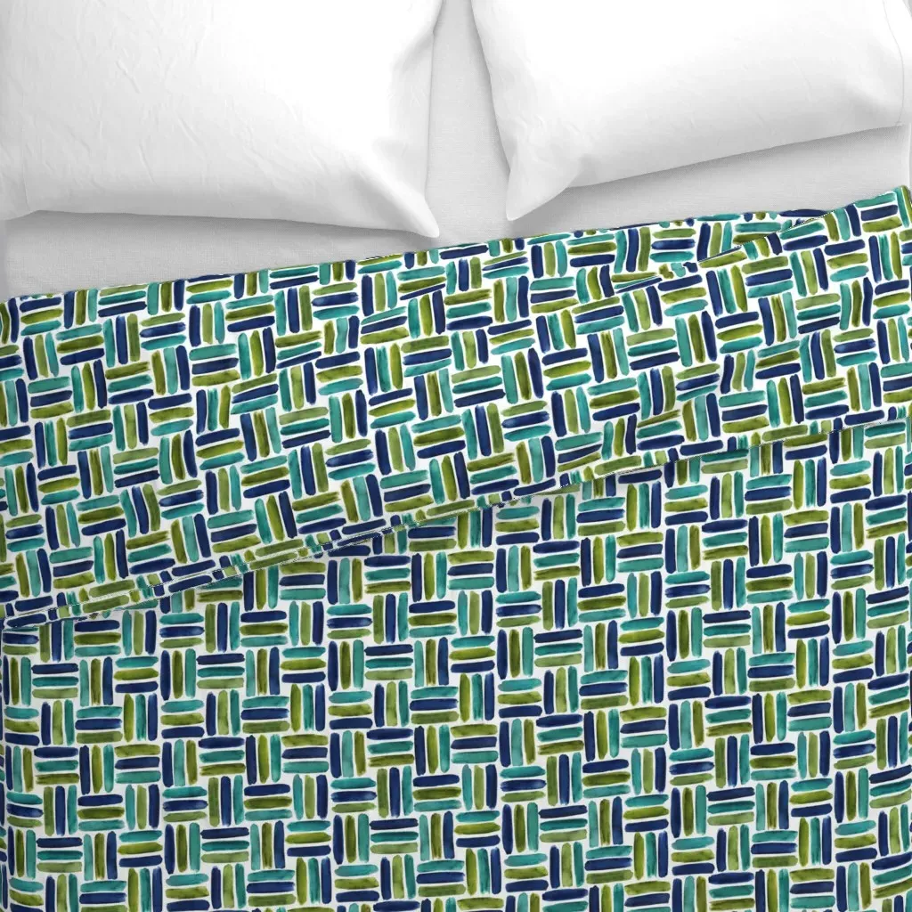 Aqua Lime Navy Basketweave Duvet Cover - Teal alternate view