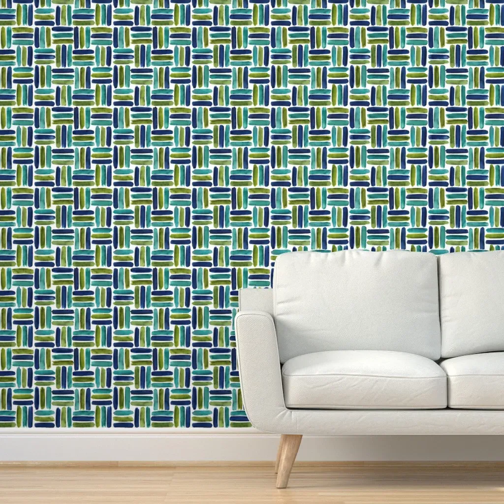 Aqua Lime Navy Basketweave Peel and Stick Wallpaper - Teal product