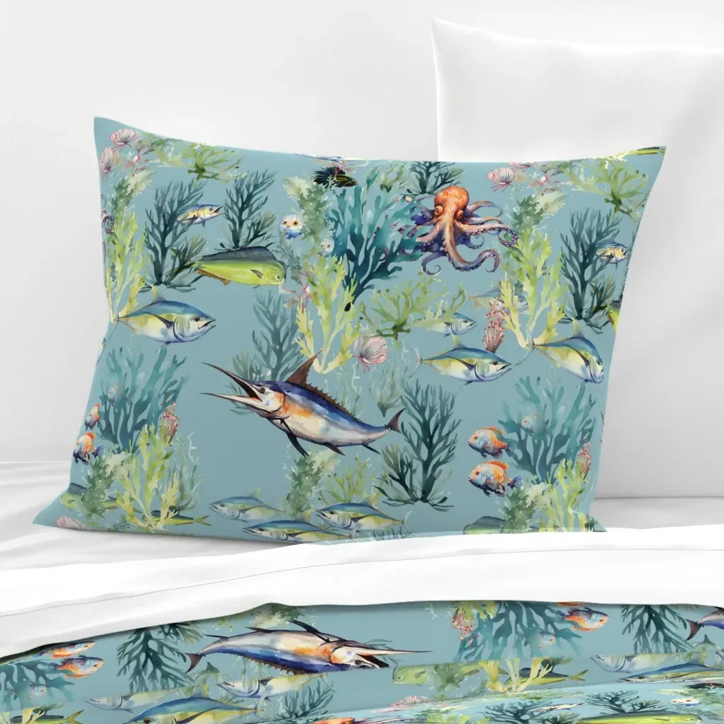 Aqua Wonderland Standard Knife Edge Cushion Cover - Blue, Cotton Sateen product