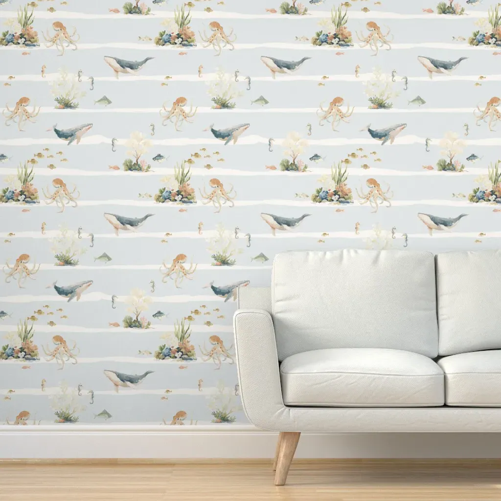 Aquatic Deep Sea Marine Life Peel and Stick Wallpaper - Blue product