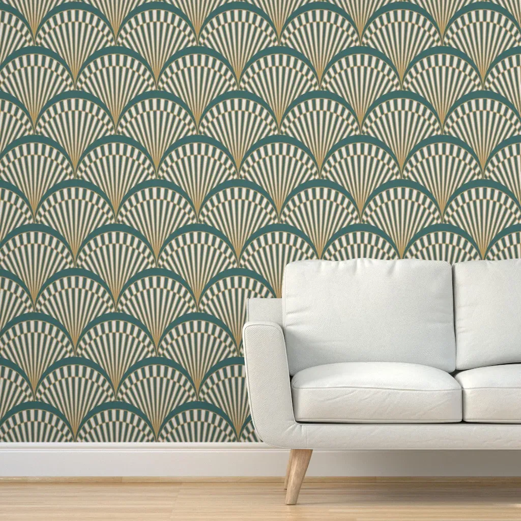 Art Deco 1920s Fan Peel and Stick Wallpaper - Teal, Bronze Gold product