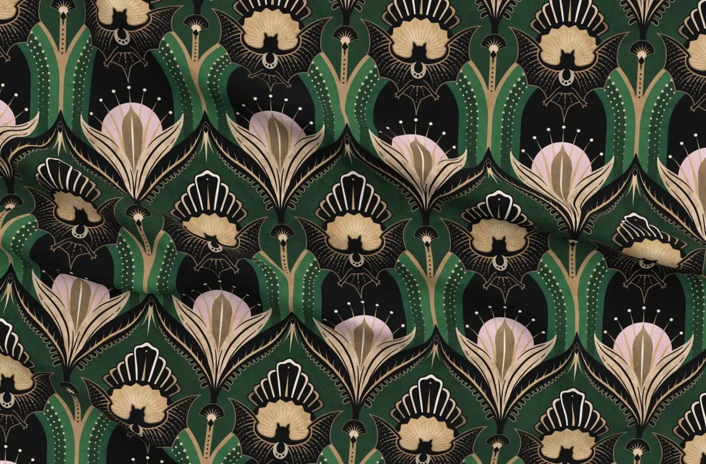 Art Deco Bats and Flowers Jumbo Fabric - Emerald Green, Pique product