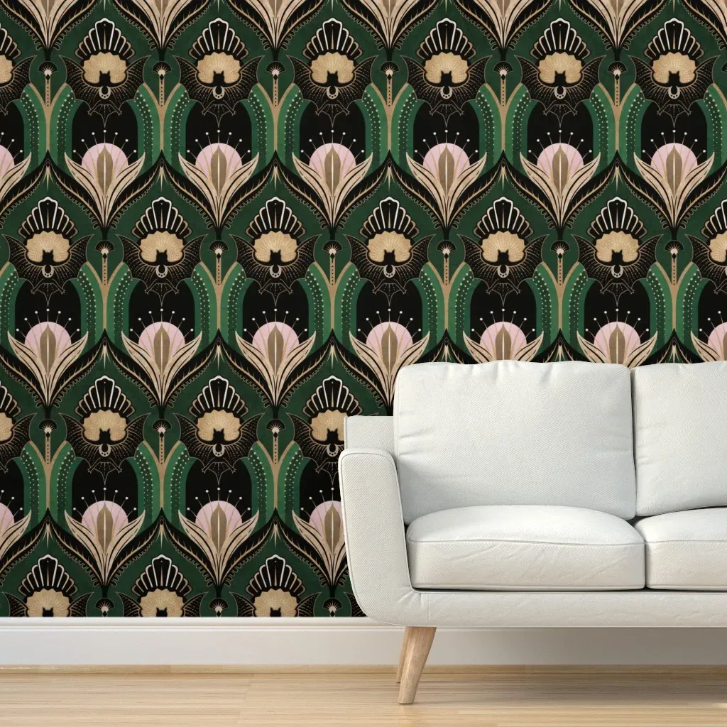 Art Deco Bats and Flowers Jumbo Peel and Stick Wallpaper - Dark Green product