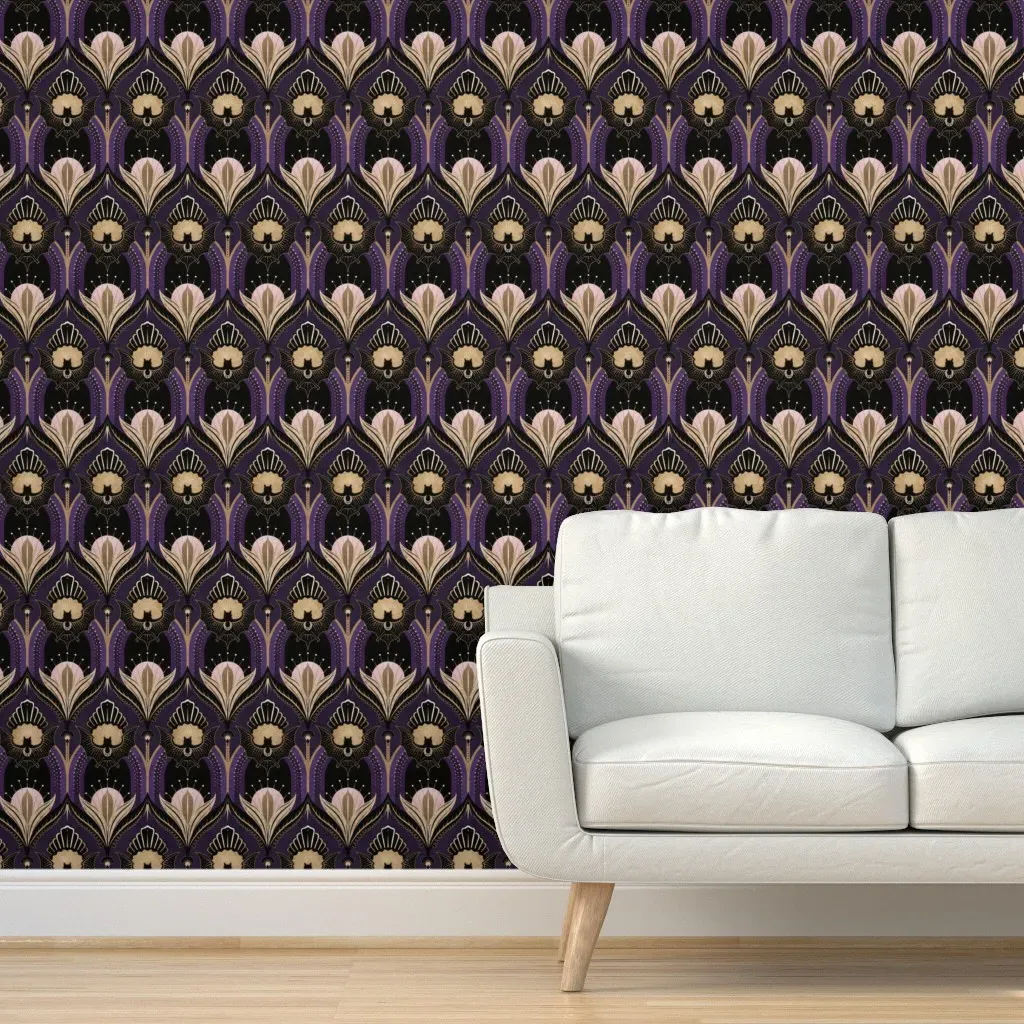 Art Deco Bats and Flowers Peel and Stick Wallpaper - Purple product