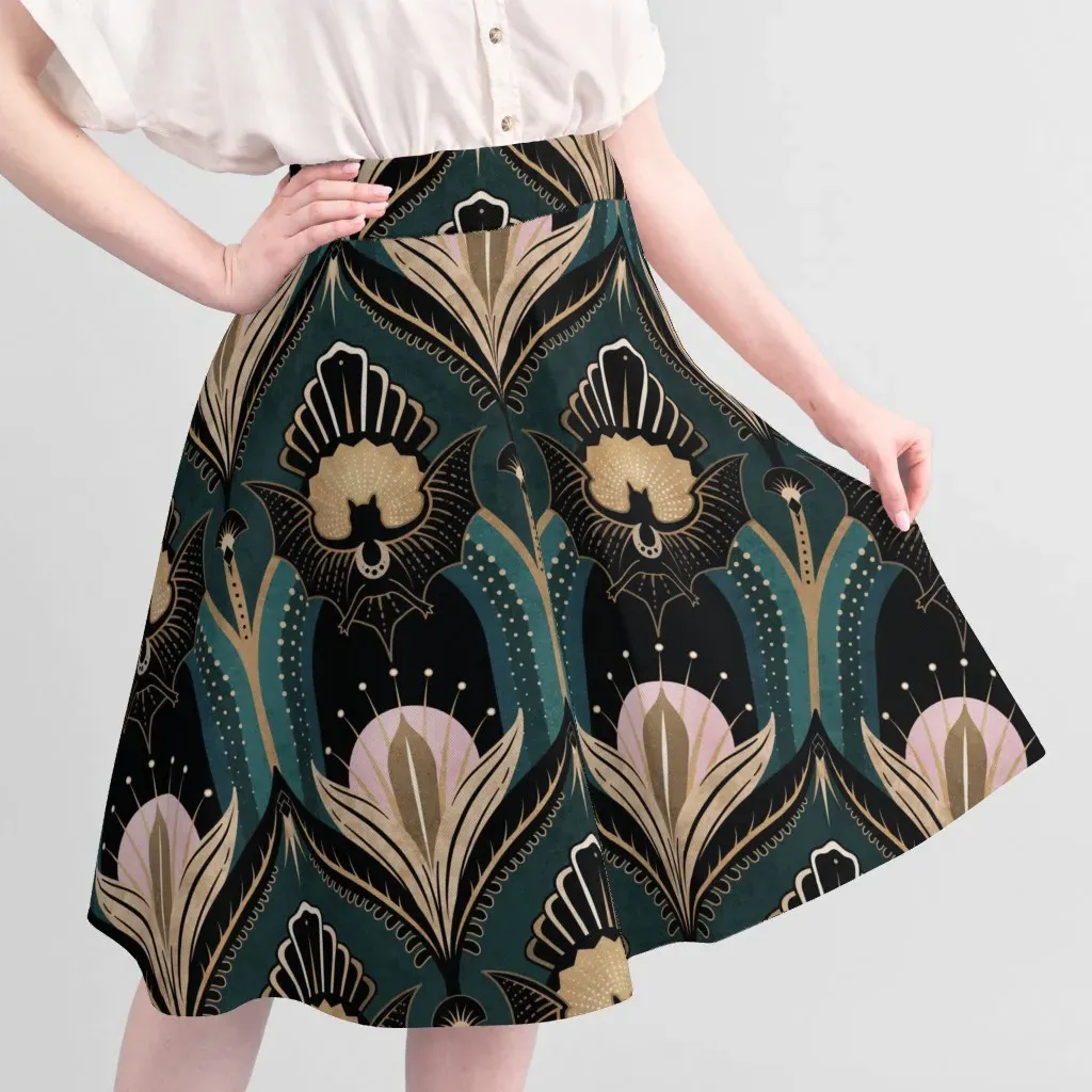 Art Deco Bats and Flowers Sport Pique Fabric - Teal, Black alternate view