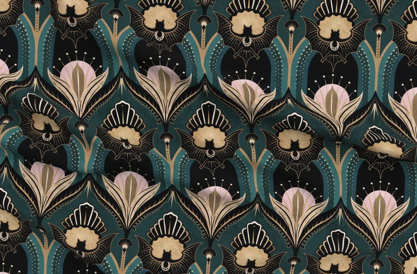 Art Deco Bats and Flowers Sport Pique Fabric - Teal, Black product