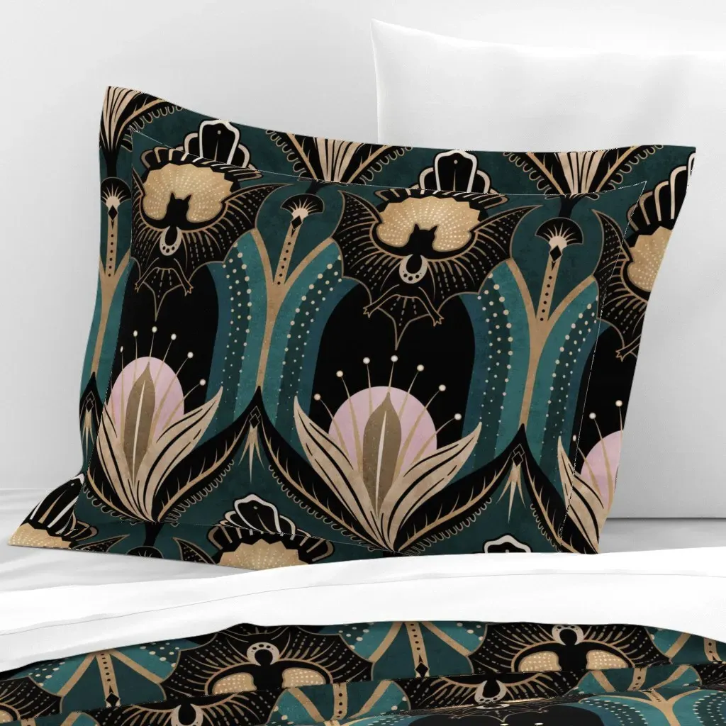 Art Deco Bats and Flowers Standard Pillow Sham - Teal, Cotton Sateen product