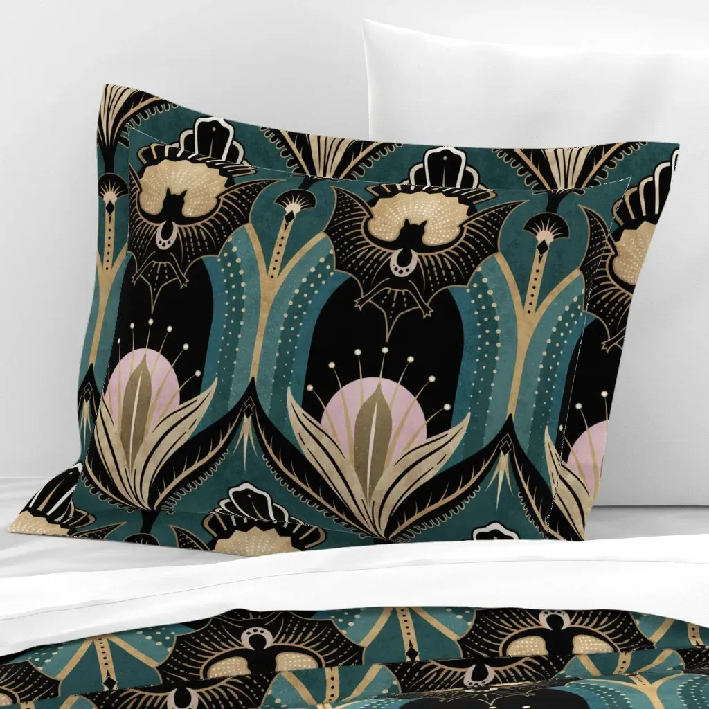 Art Deco Bats and Flowers Standard Pillow Sham - Teal, Cotton product