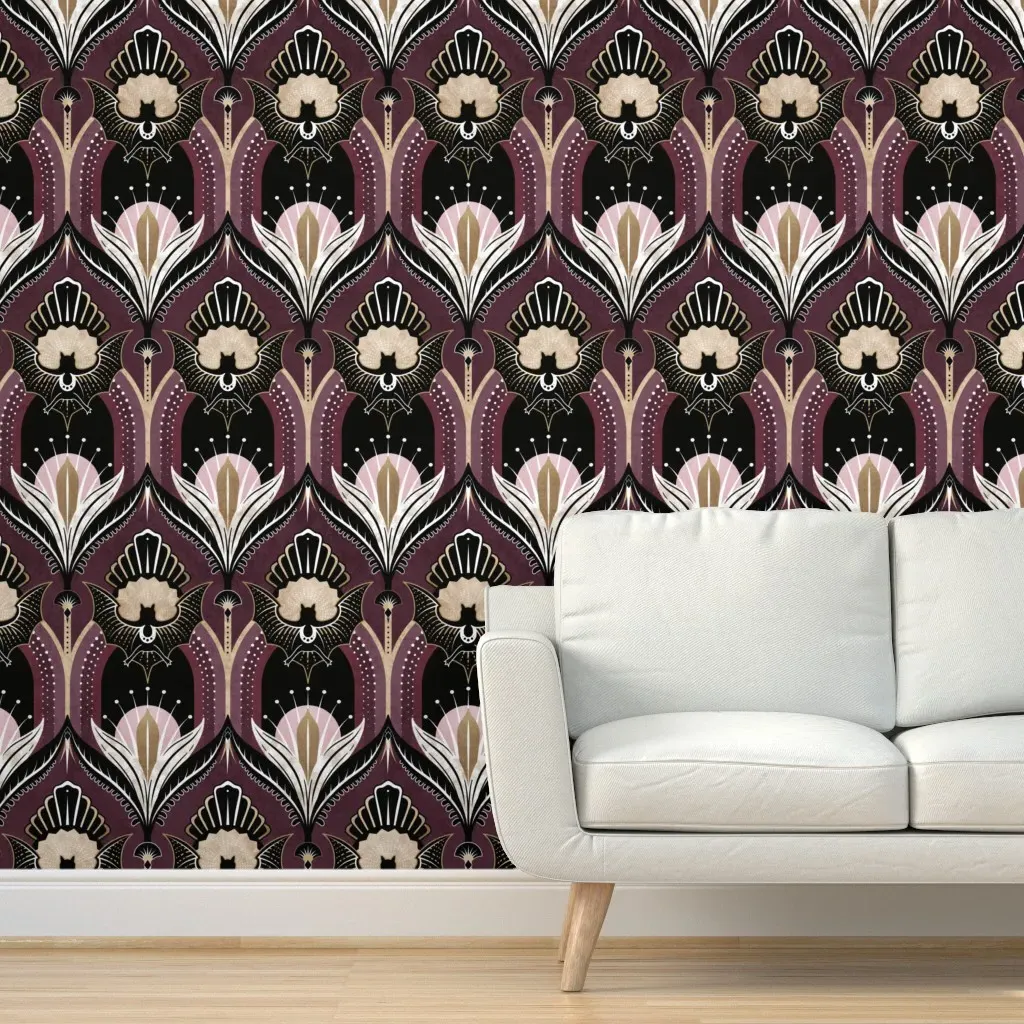 Art Deco Bats & Flowers Peel and Stick Wallpaper - Burgundy product