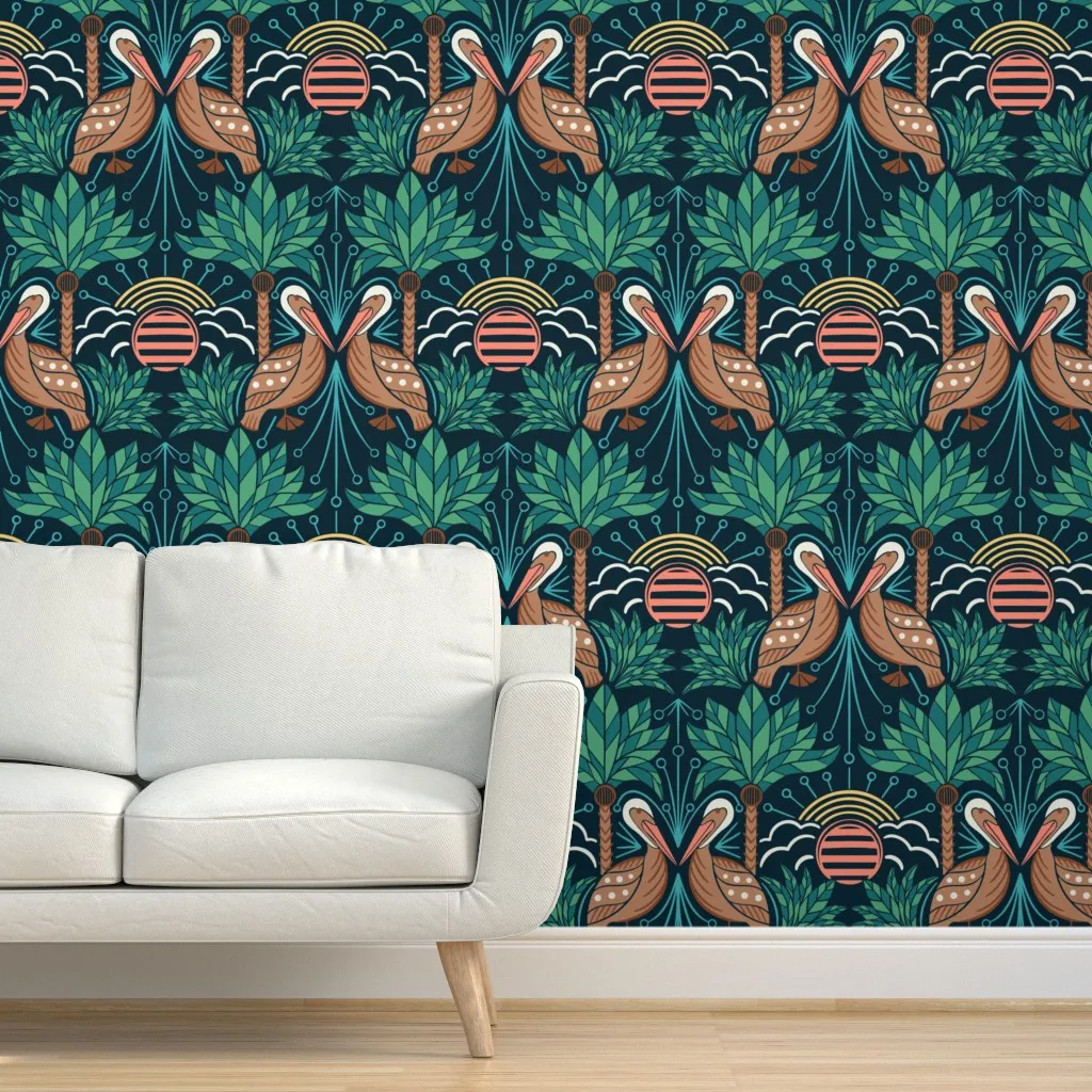 Art Deco Beach Palms and Pelicans Peel and Stick Wallpaper - Dark Blue product
