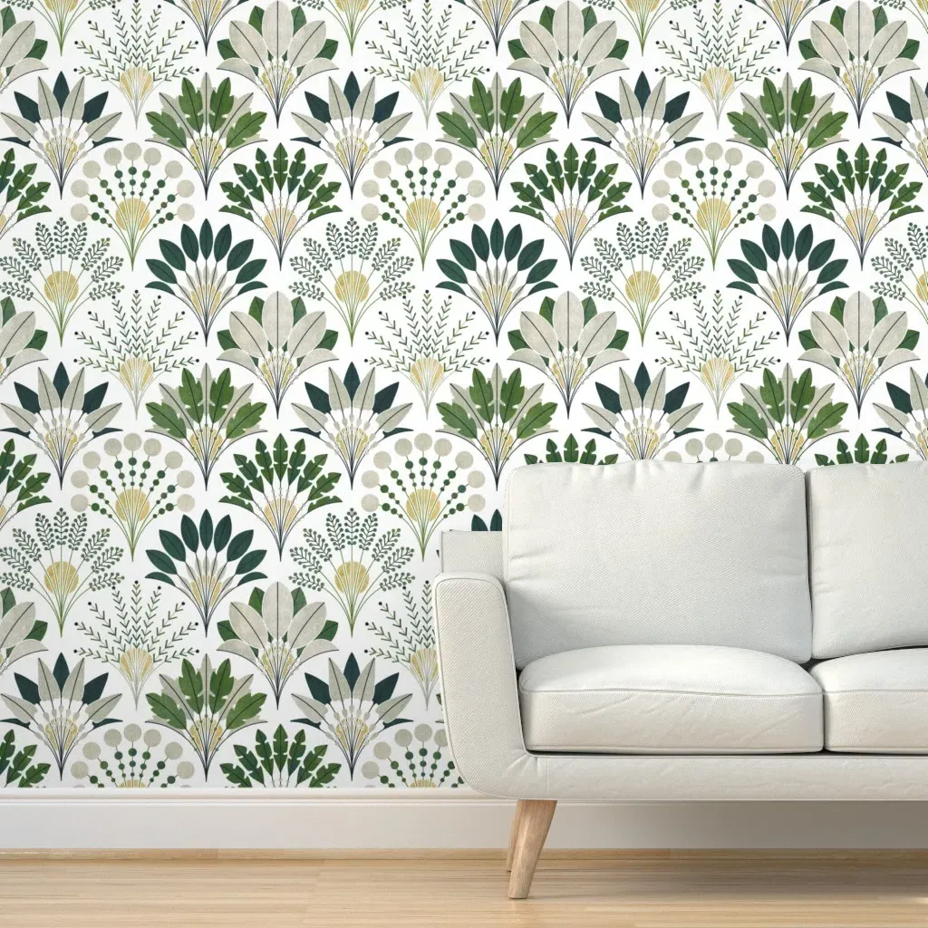 Art Deco Block Print Palms Peel and Stick Wallpaper - Green product