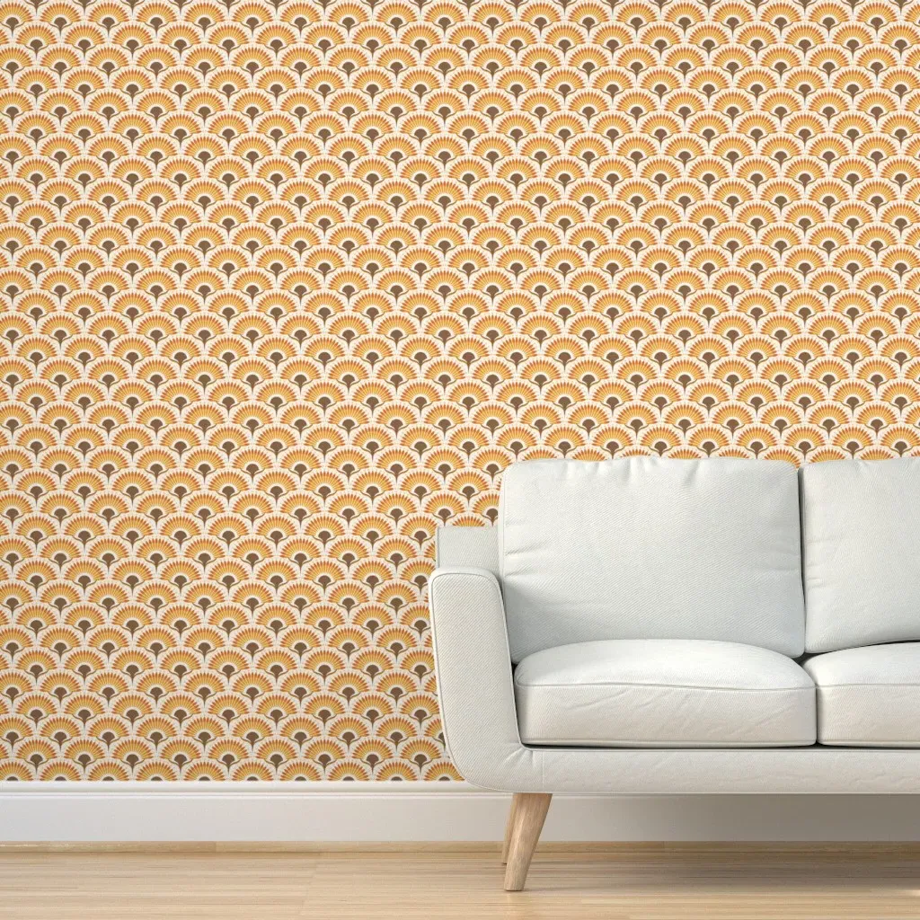 Art Deco Boho Retro Sunflower Fan Scallop Peel and Stick Wallpaper - Orange product
