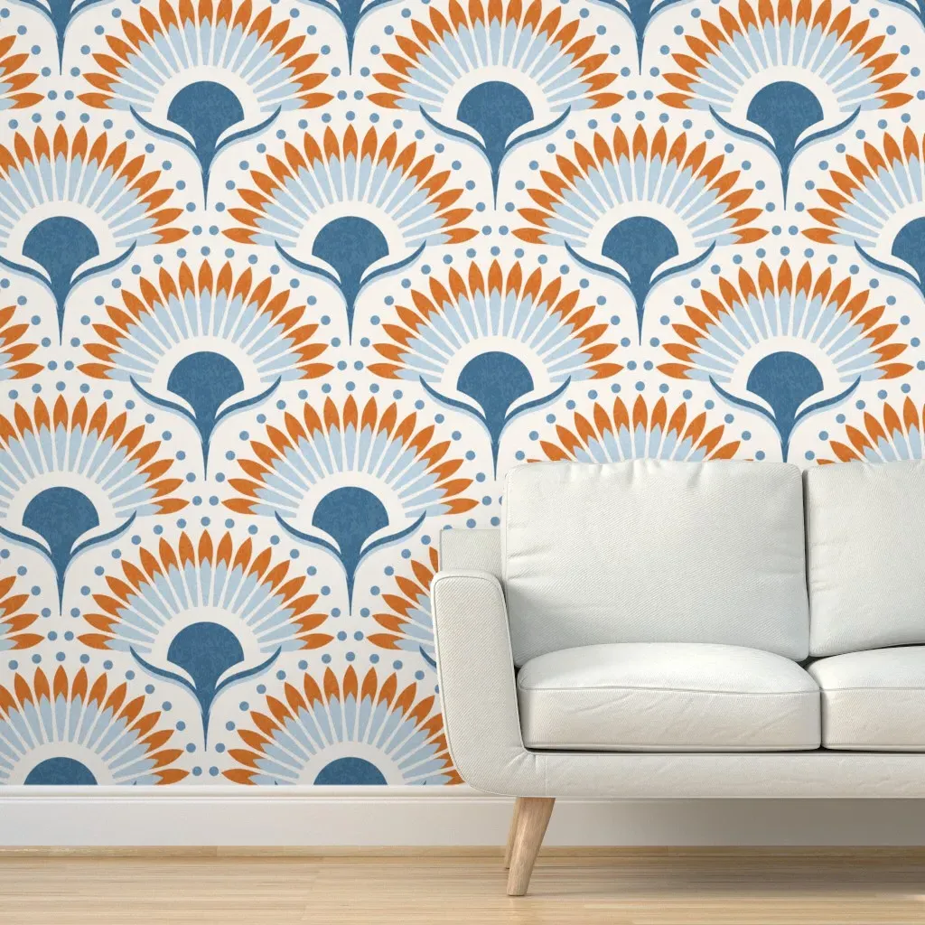 Art Deco Boho Sunflower Fan Scallop Peel and Stick Wallpaper - Dusty Blue product