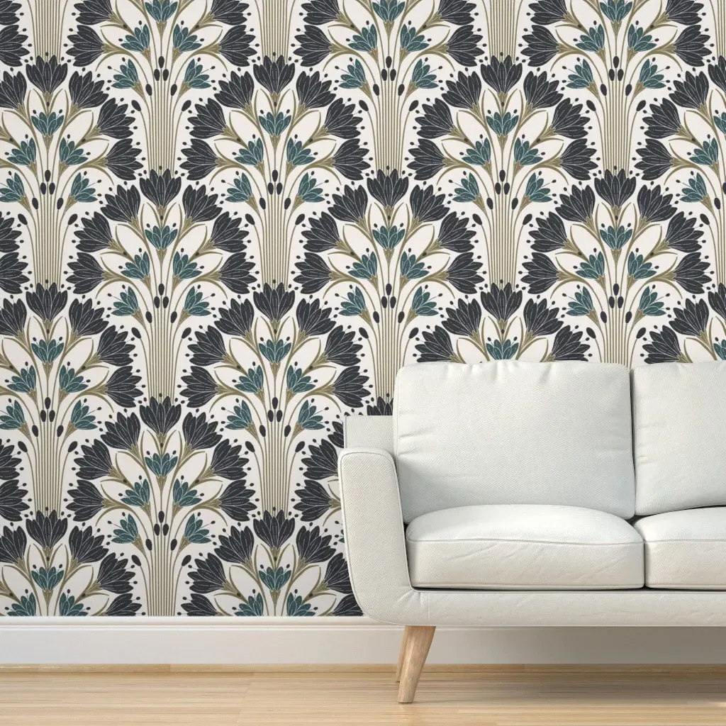 Art Deco Botanical Fan Flowers Peel and Stick Wallpaper - Dark Teal product