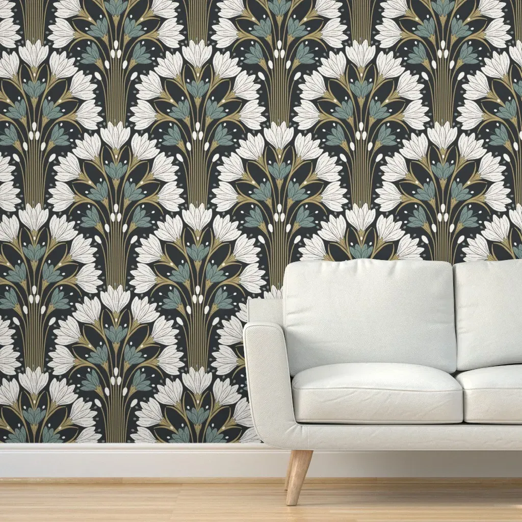 Art Deco Botanical Fan Flowers Peel and Stick Wallpaper - Off-White product