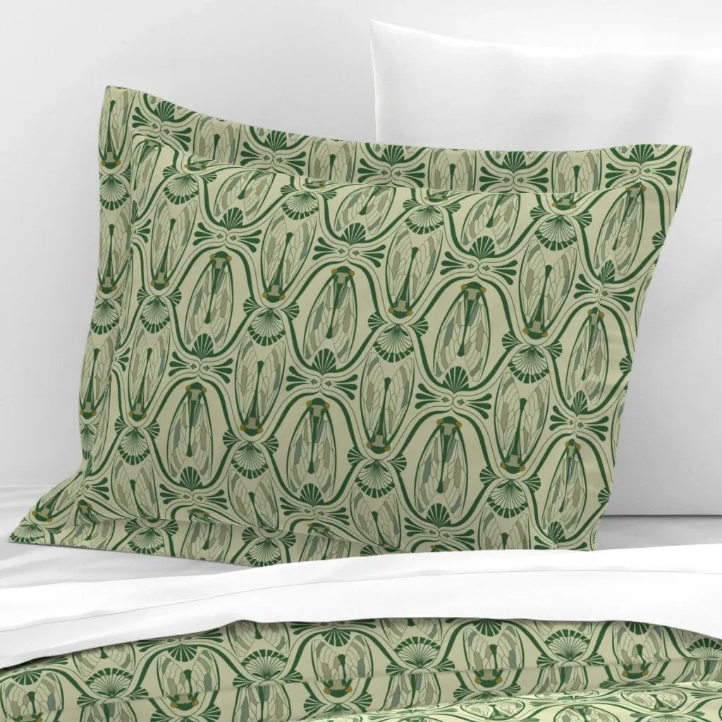 Art Deco Cicada Standard Flanged Cushion Cover - Green, Cotton Sateen product