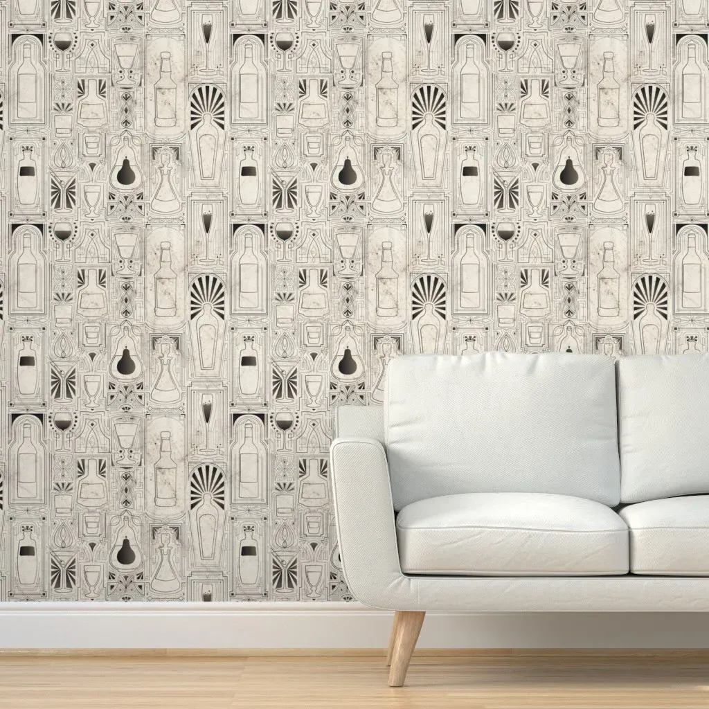 Art Deco Cocktails Bottles Newspaper Print Peel and Stick Wallpaper - Beige product