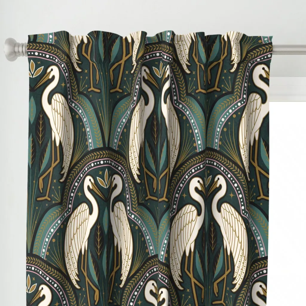 Art Deco Crane 1B Curtain Panel - White alternate view