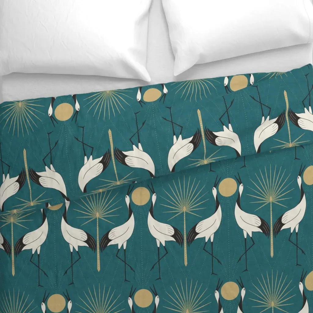 Art Deco Crane Bird & Fan Palm Duvet Cover - Teal alternate view