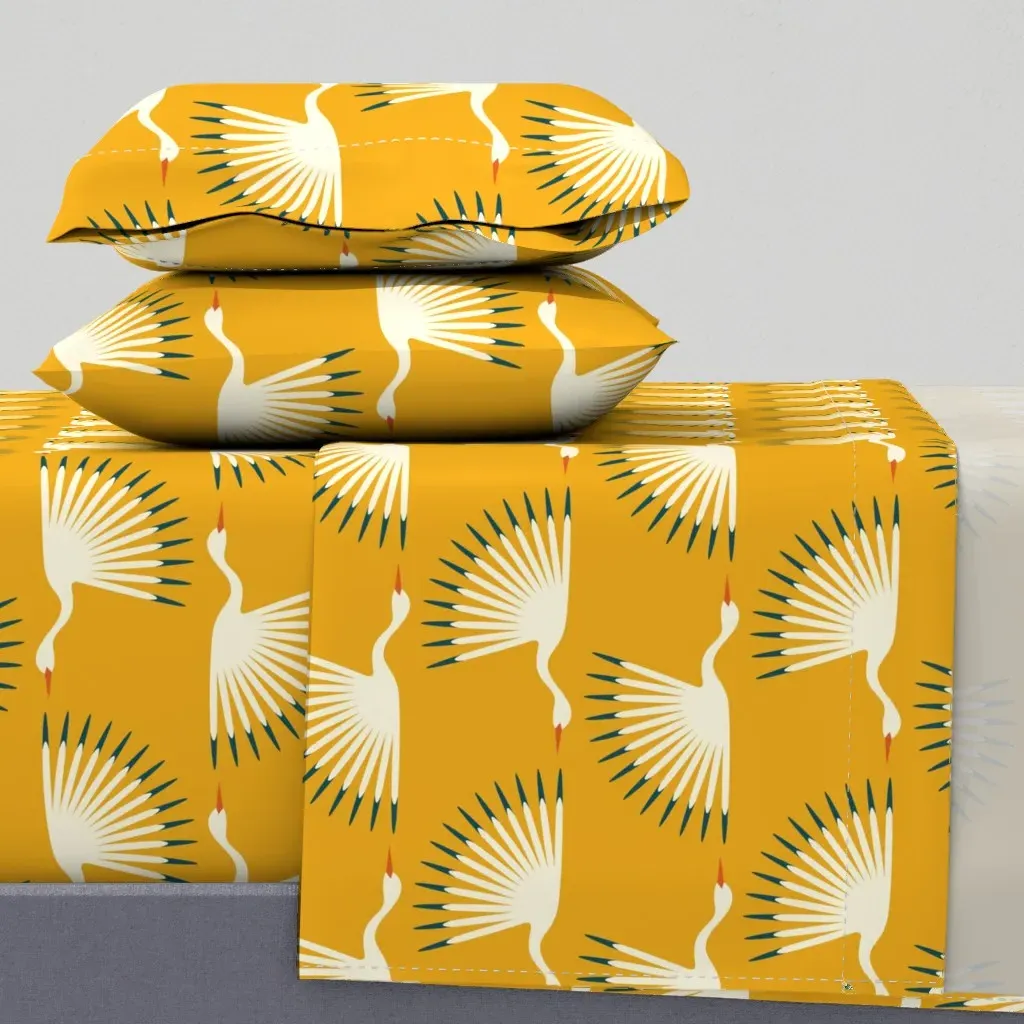 Art Deco Cranes Custom Sunshine Queen Sheet Set - Cream product