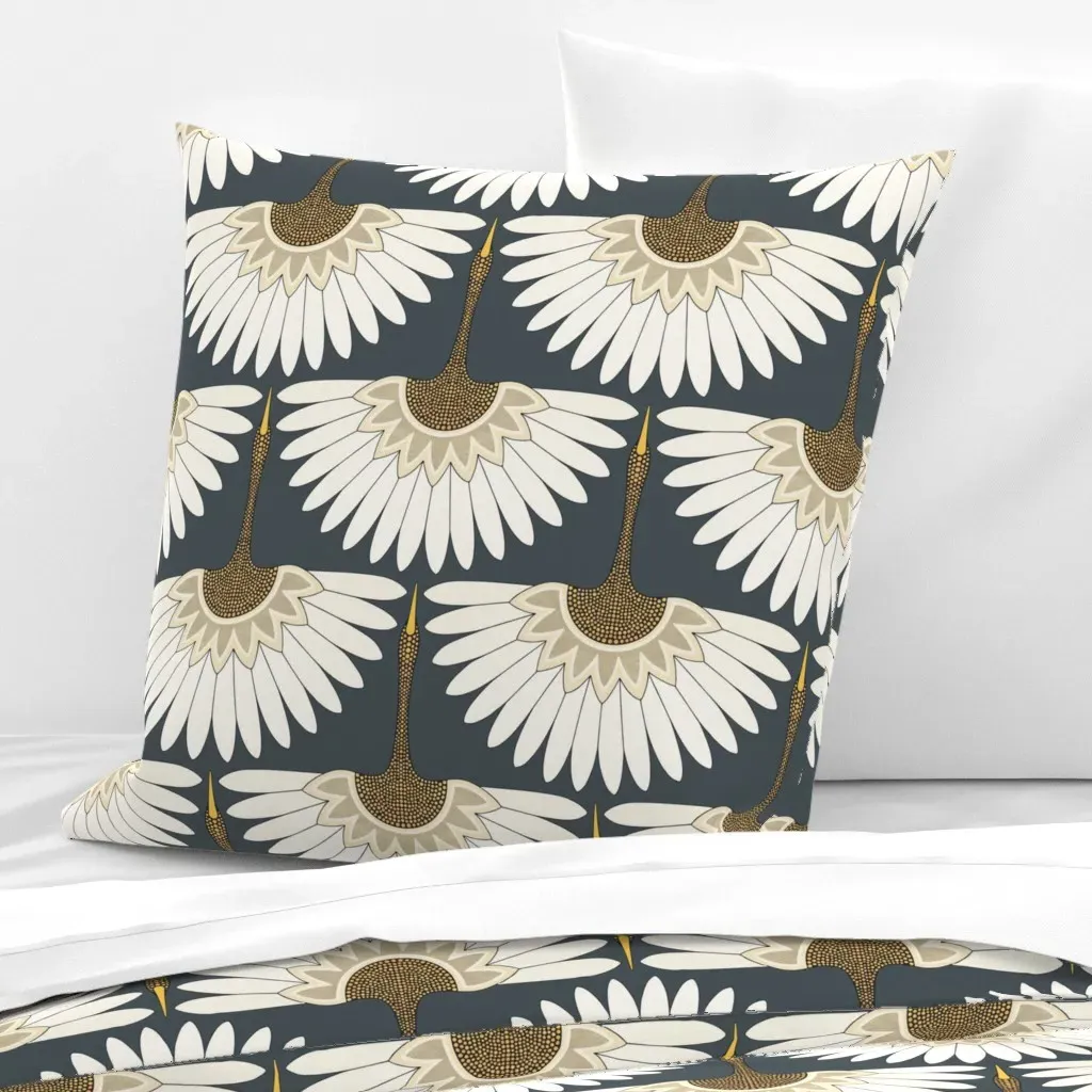 Art Deco Cranes Obsidian Gray Large Euro Pillow Sham - Off-White product