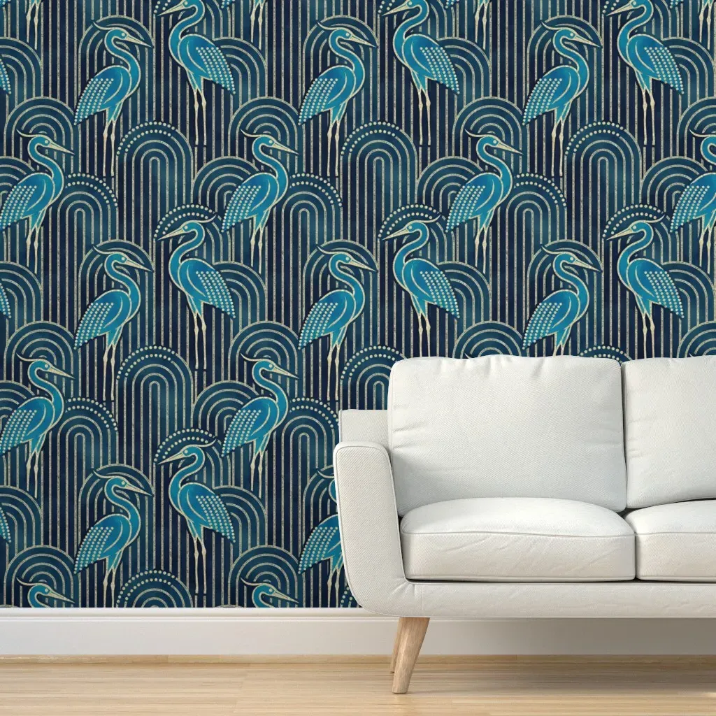 Art Deco Cranes Peel and Stick Wallpaper - Teal product