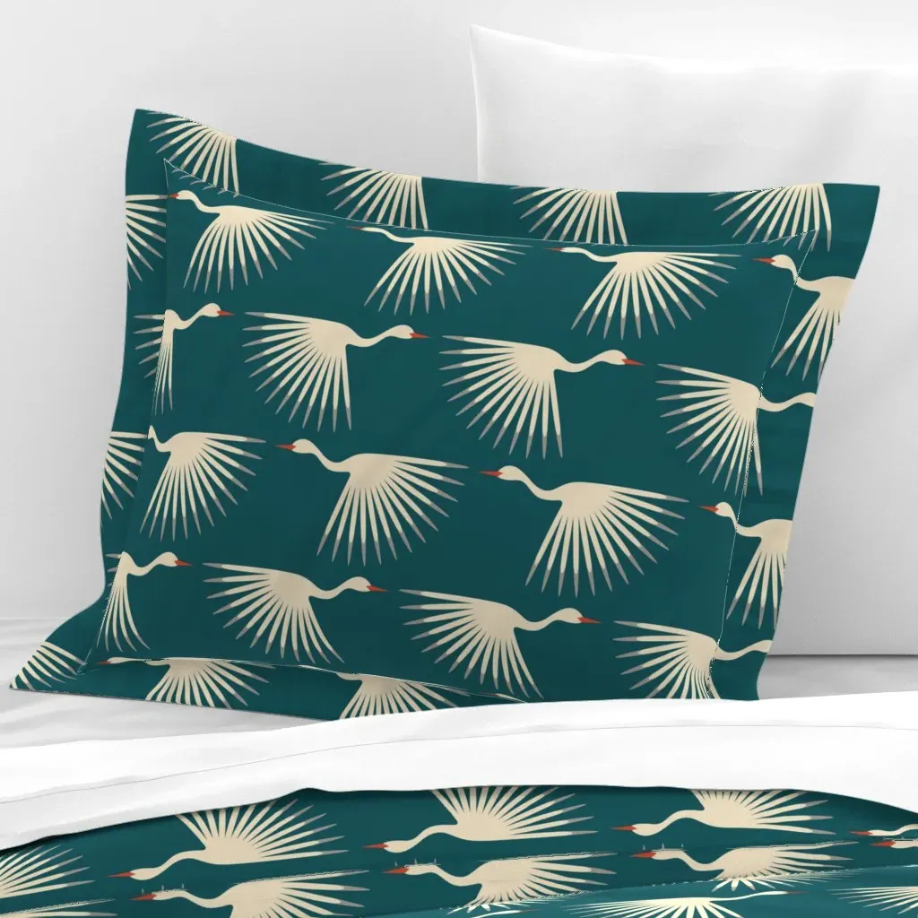 Art Deco Cranes Standard Flanged Cushion Cover - Cream, Cotton Sateen product