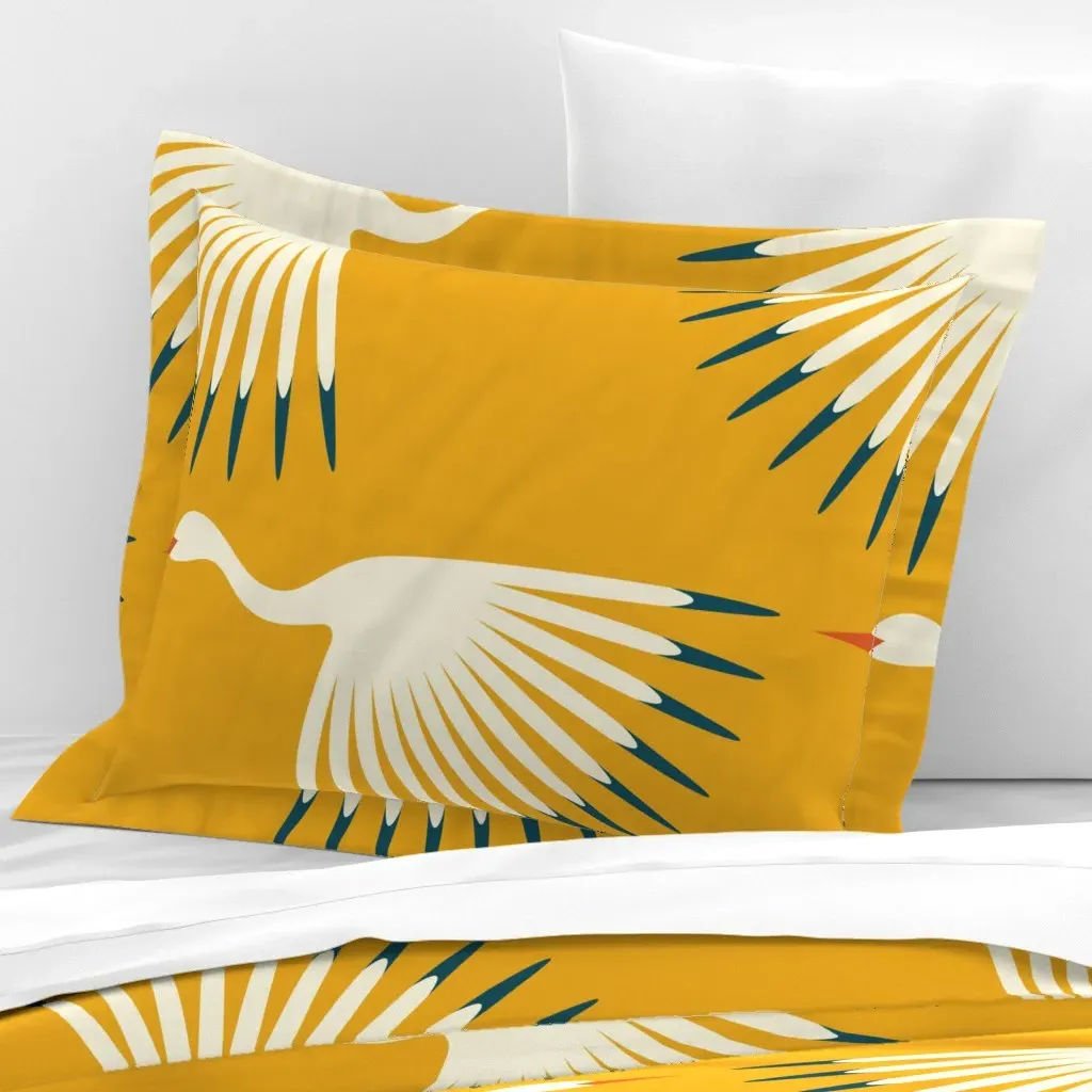 Art Deco Cranes Sunshine Standard Flanged Pillow Sham - Off-White, Cotton Sateen product