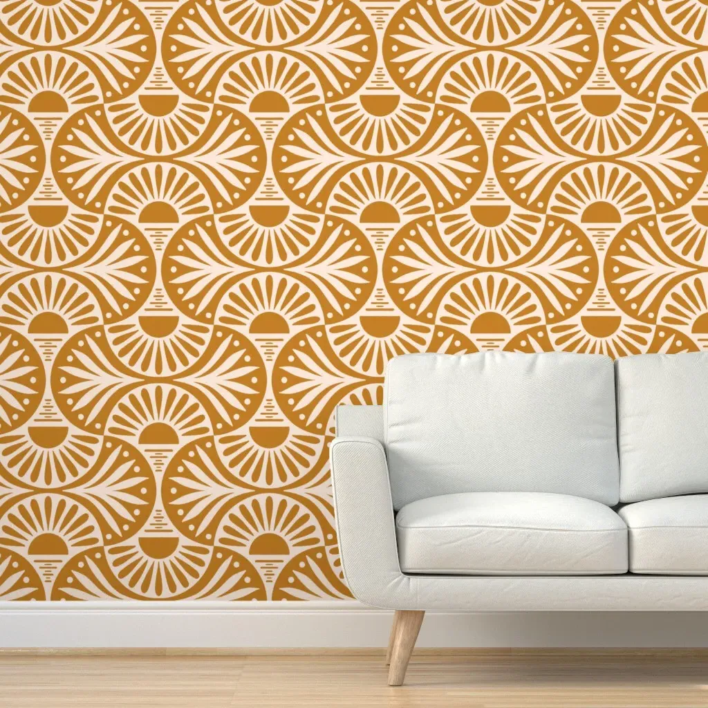 Art Deco Desert Sunset and Leaves Peel and Stick Wallpaper - Mustard Yellow product